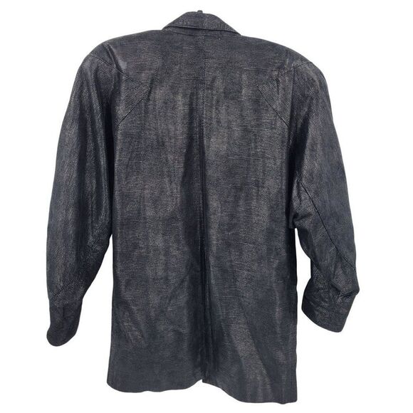 Vtg 80s Genuine Leather Jacket Sz L Black Oil Slick Textured Batwing Oversized - Picture 9 of 12